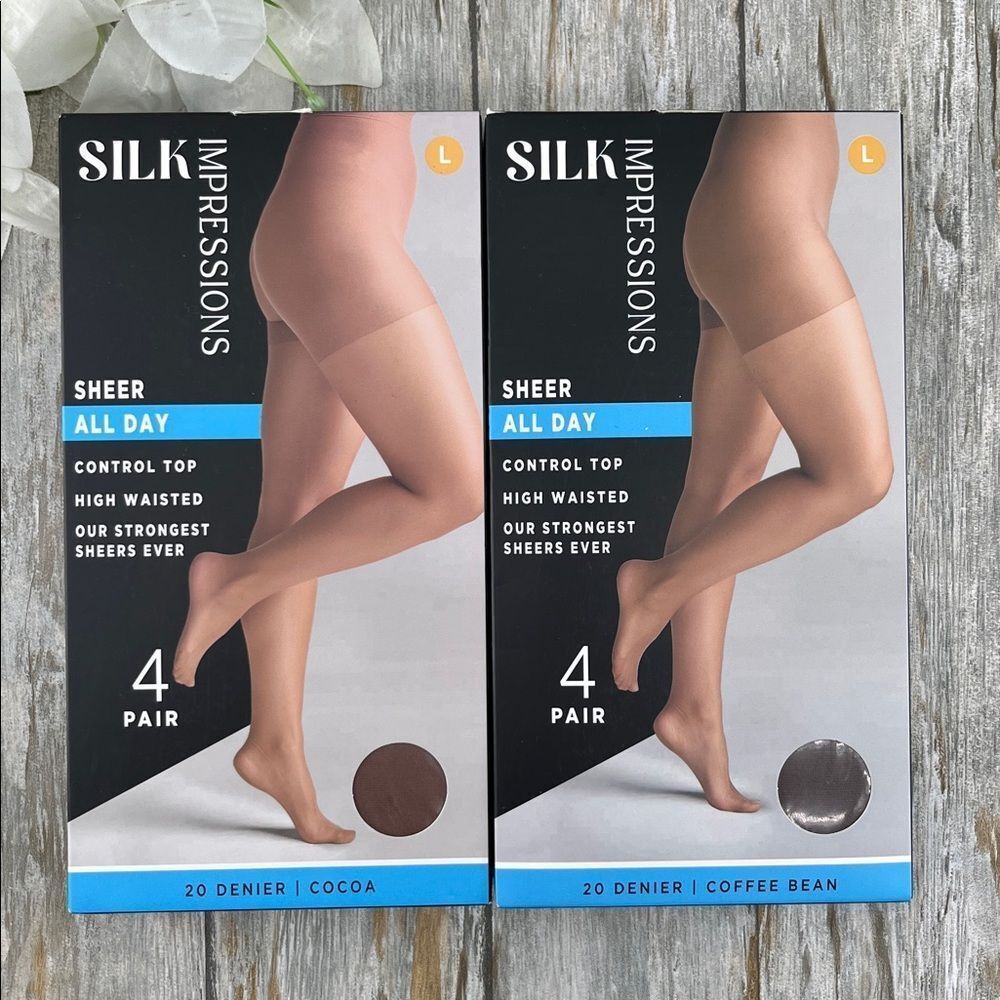 Silk Impressions 20 Denier Sheer Tights and Control Top Pantyhose 2, 4-Packs L